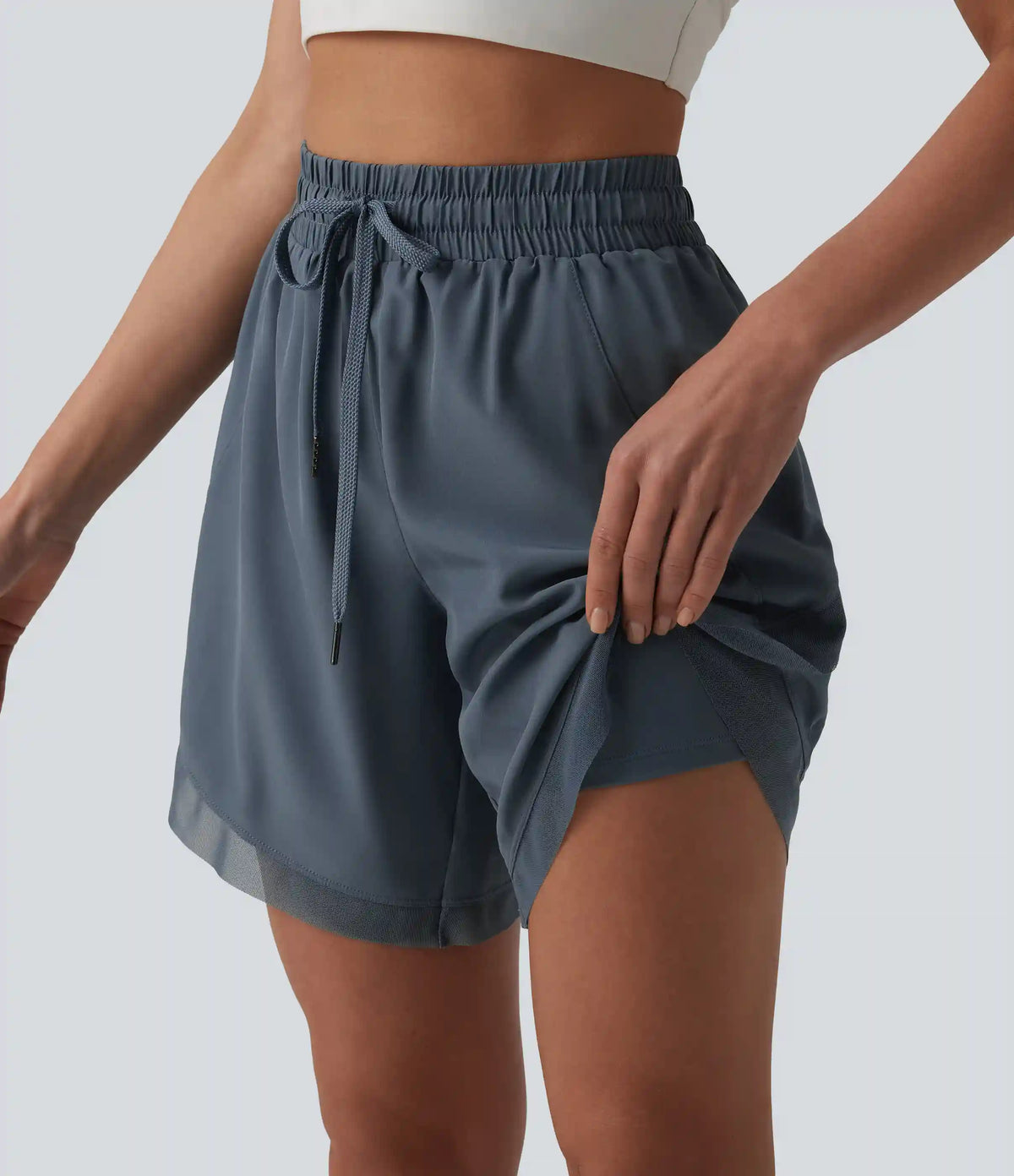 Mid Rise Drawstring Contrast Mesh 2-in-1 Flowy Yoga Shorts 7''