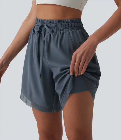 Mid Rise Drawstring Contrast Mesh 2-in-1 Flowy Yoga Shorts 7''