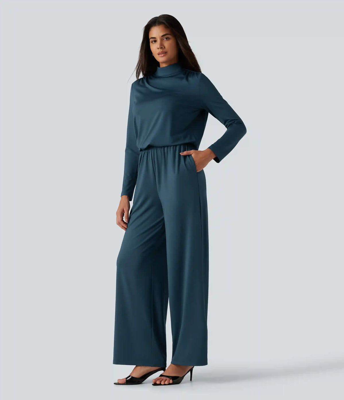 Stand Collar Long Sleeve Straight Leg Jumpsuit with Pockets-Easy Peezy Edition