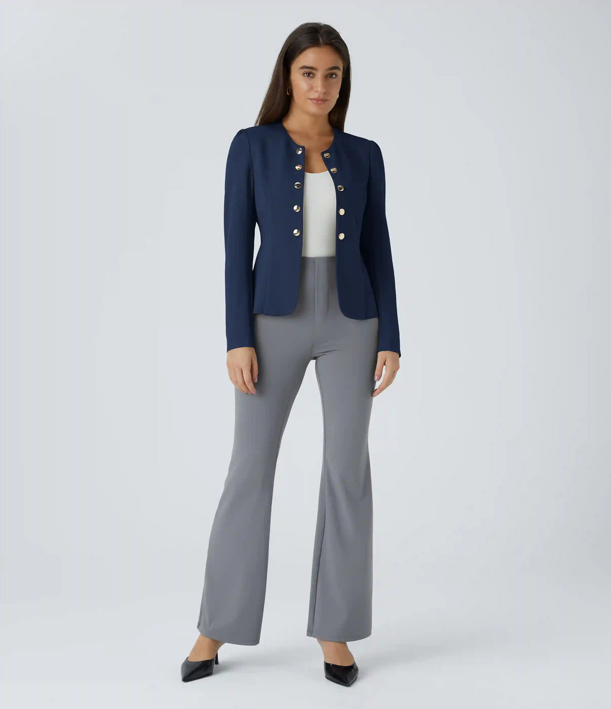 Round Neck Long Sleeve Decorative Button Slim Work Blazer