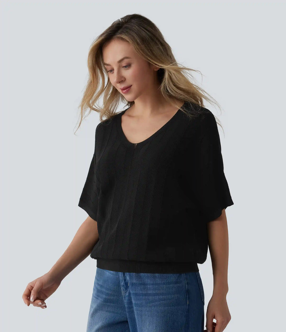 V Neck Short Sleeve Casual Sweater