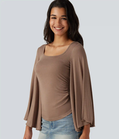 Ribbed Square Neck Flounce 7/8 Sleeve Ruched Casual T-Shirt