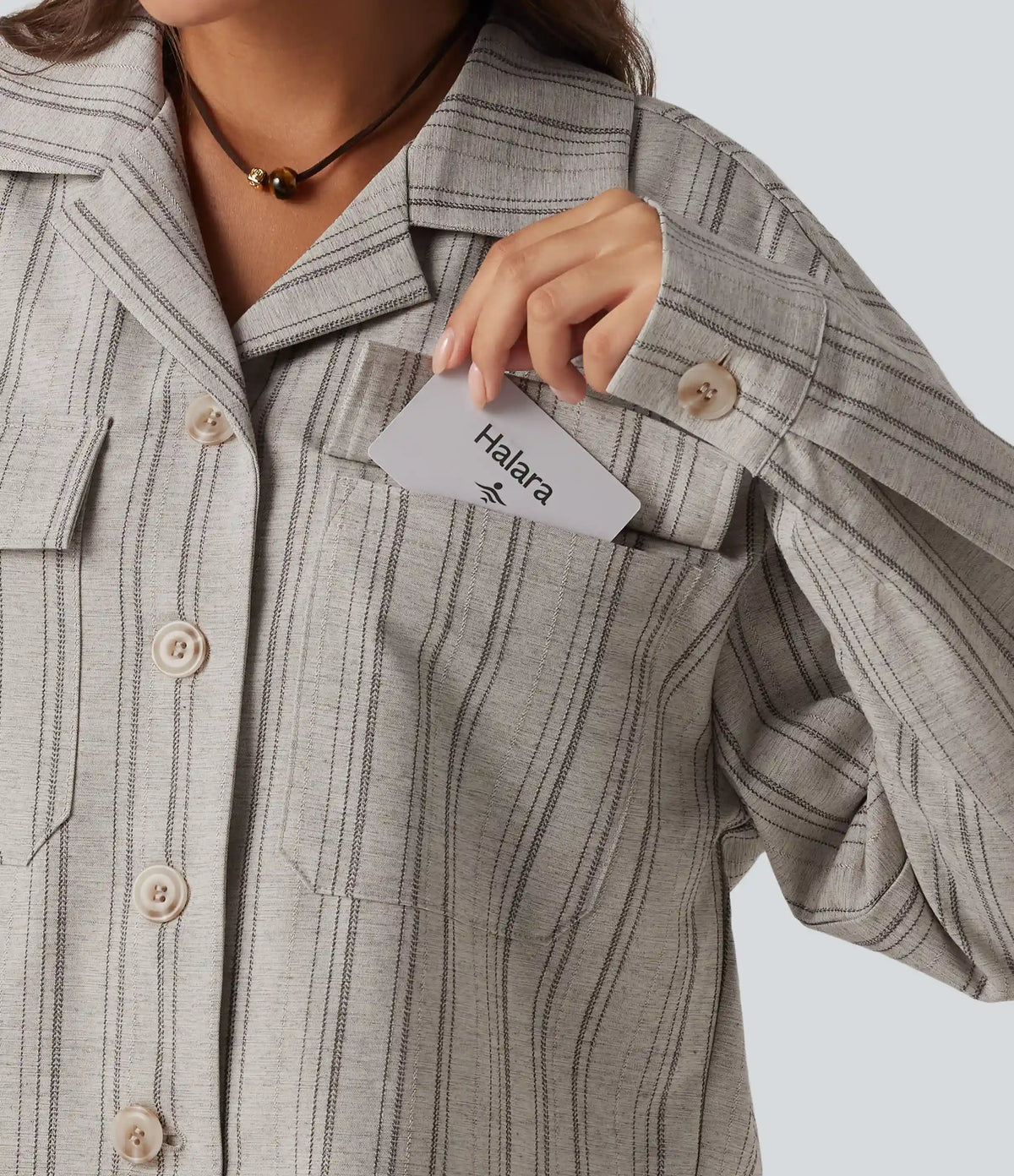 Collared Long Sleeve Stripe Casual Linen-Feel Jacket with Pockets