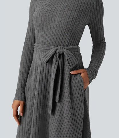 Ribbed Knit Round Neck Long Sleeve Belted Casual Dress with Pockets