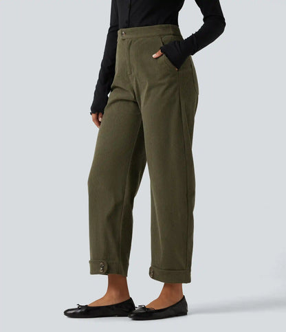 High Waisted Barrel Leg Corduroy Casual Pants with Pockets