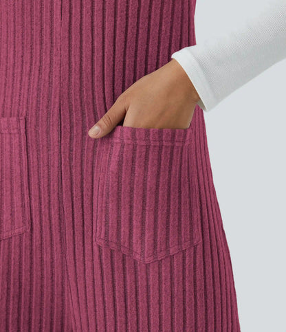 Ribbed Knit Pockets Casual Overalls