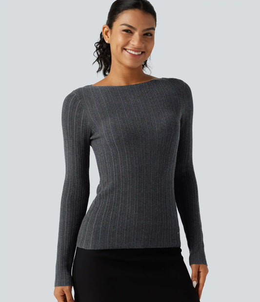 Boat Neck Long Sleeve Casual Sweater