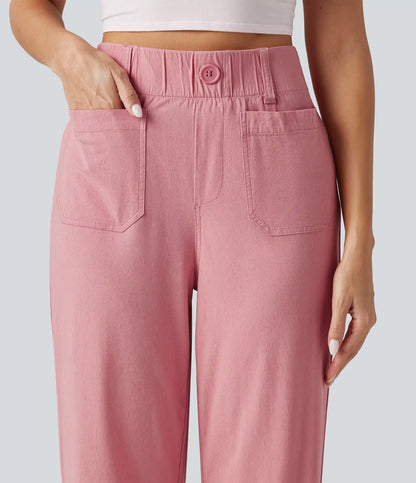 High Waisted Wide Leg Cropped Casual Stretch Linen Pants with Pockets