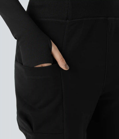 High Waisted Foldover Pocket Harem Fleece Casual Cargo Joggers