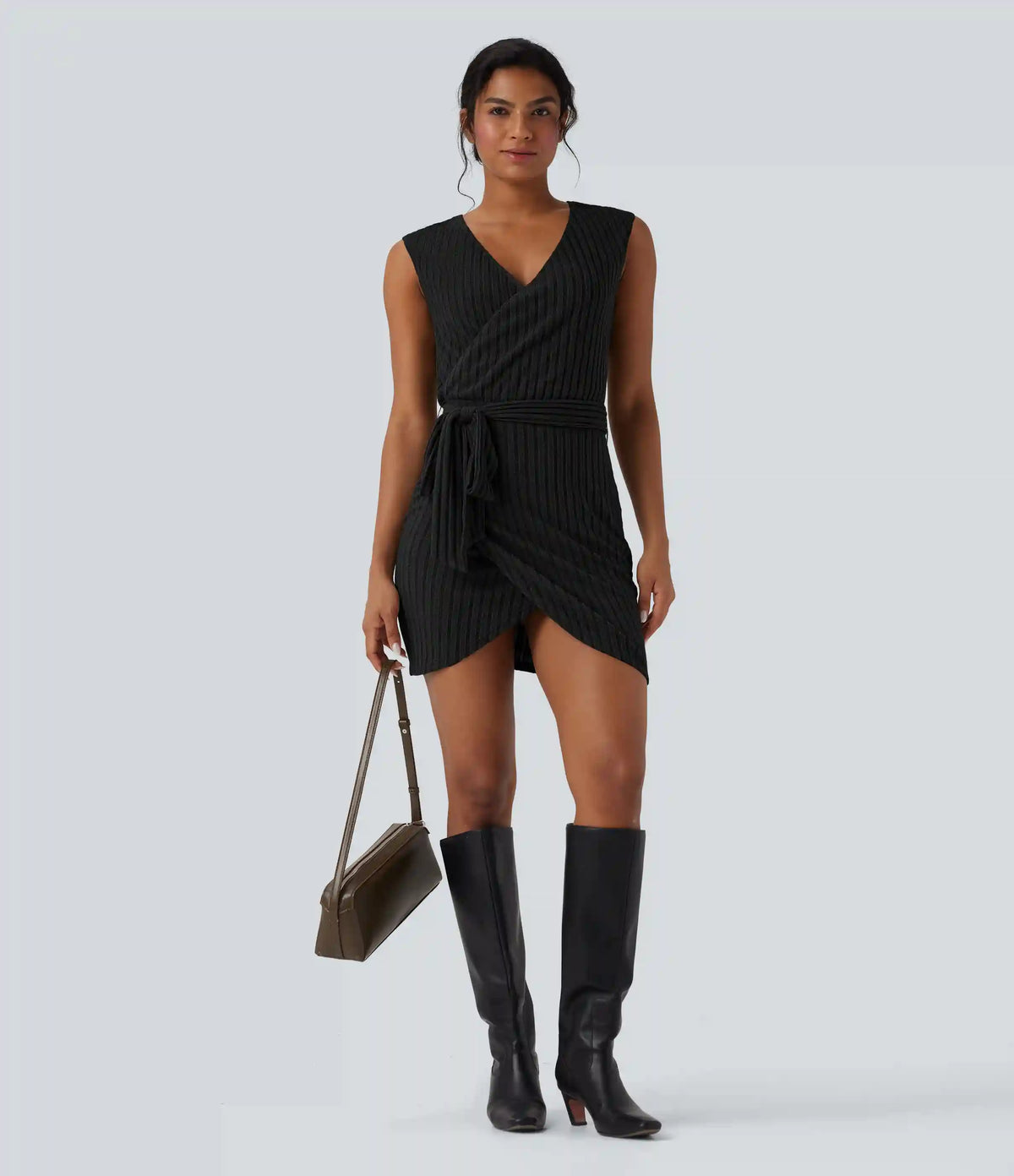 Ribbed Knit Sleeveless Belted Wrap Bodycon Mini Casual Dress