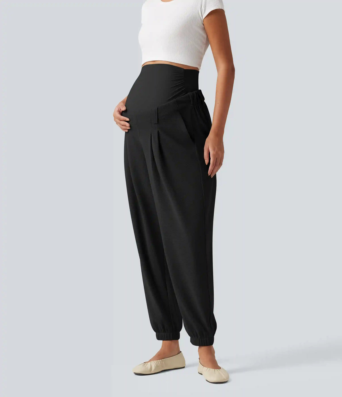 Super High Waisted Tapered Waffle Casual Maternity Joggers with Pockets