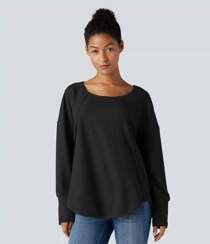 Scoop Neck Long Sleeve Curved Hem Relaxed Waffle Casual Top