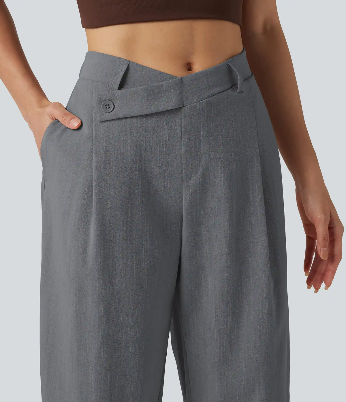 Asymmetric Mid Rise Barrel Leg Work Linen-Feel Pants with Pockets