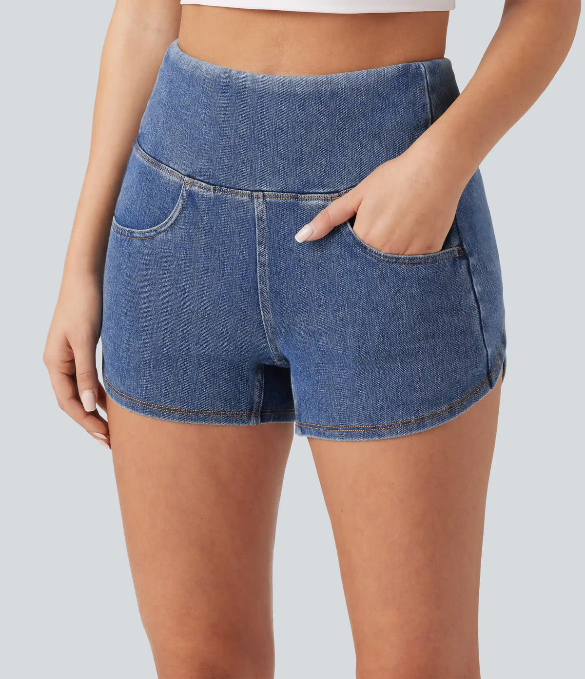 Halara Flex™ High Waisted Tummy Control Curved Hem Skinny Denim Casual Shorts with Pockets