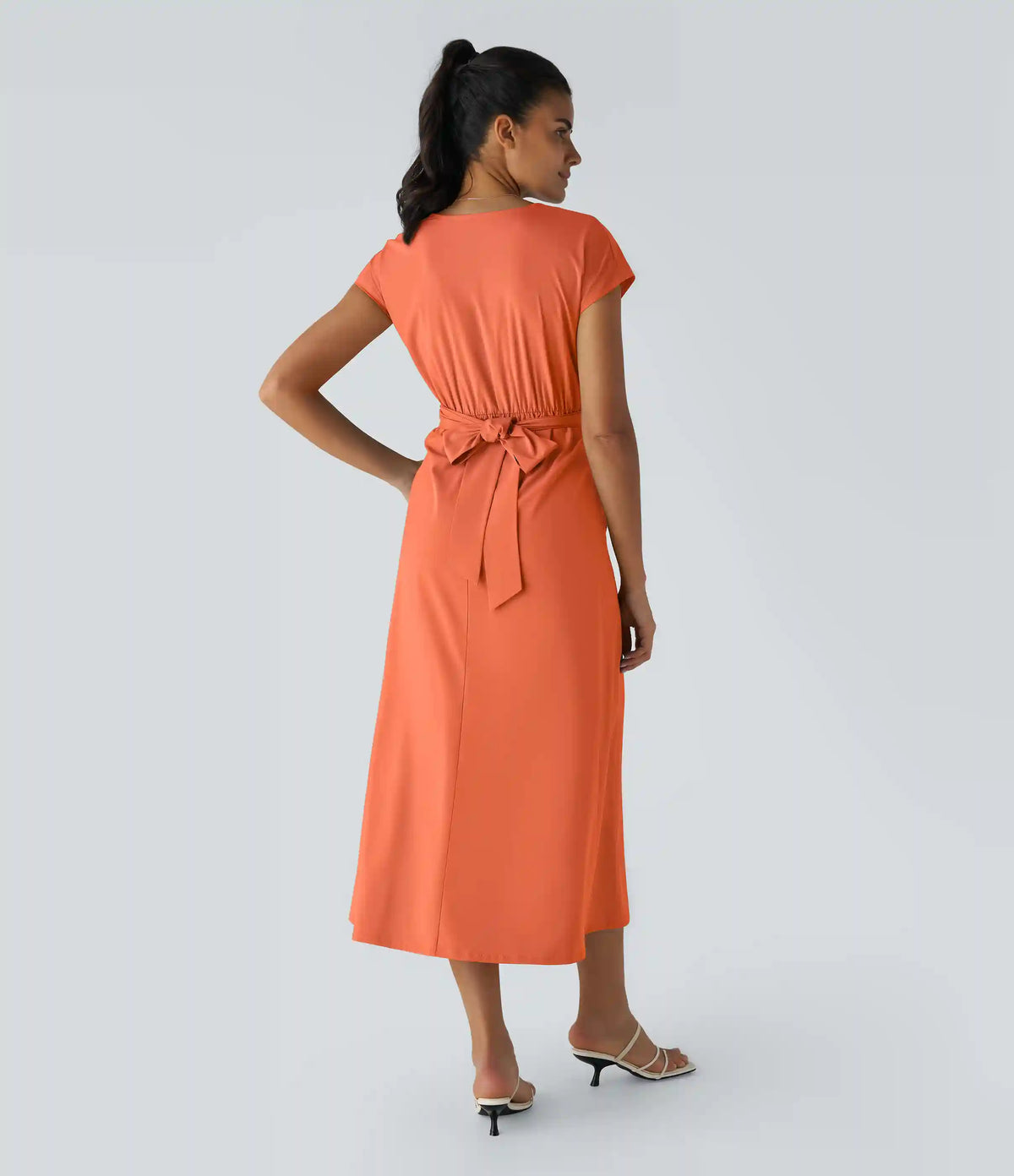 Breezeful™ V Neck Short Sleeve Pocket Tie Back Quick Dry Midi Casual Dress-Longer Length