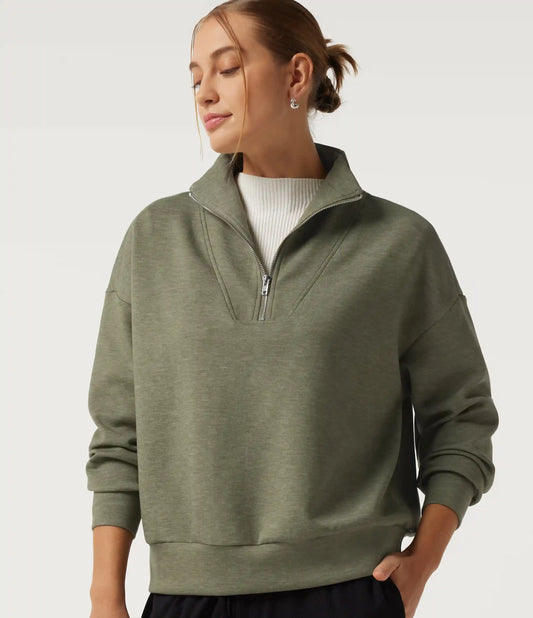 Mock Neck Dropped Half Zip Long Sleeve Casual Sweatshirt