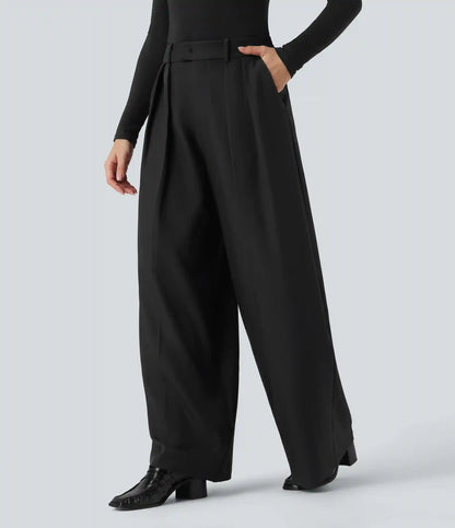 High Waisted Wide Leg Work Linen-Feel Pants with Pockets