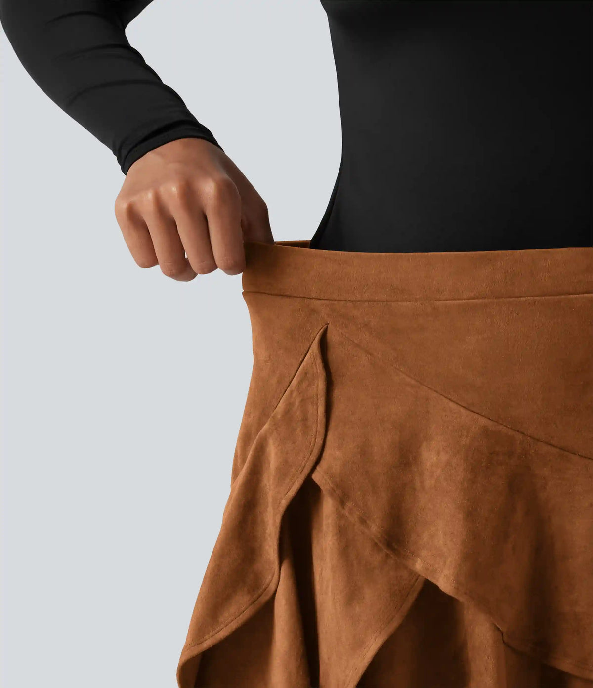 High Waisted Tiered Ruffle Hem 2-in-1 Longer Mini Suede Casual Skirt with Pocket