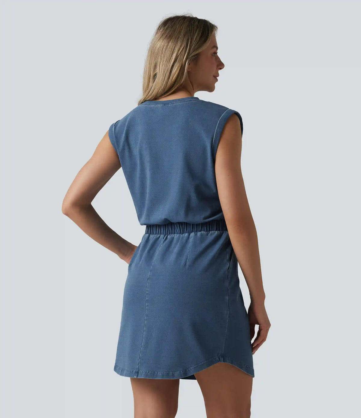 Halara Flex™ Denim Round Neck Sleeveless Curved Hem Mini Casual Dress with Pockets