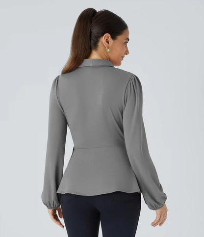 Shawl Collar Wrapped Tie Side Ruffle Hem Work Blouse