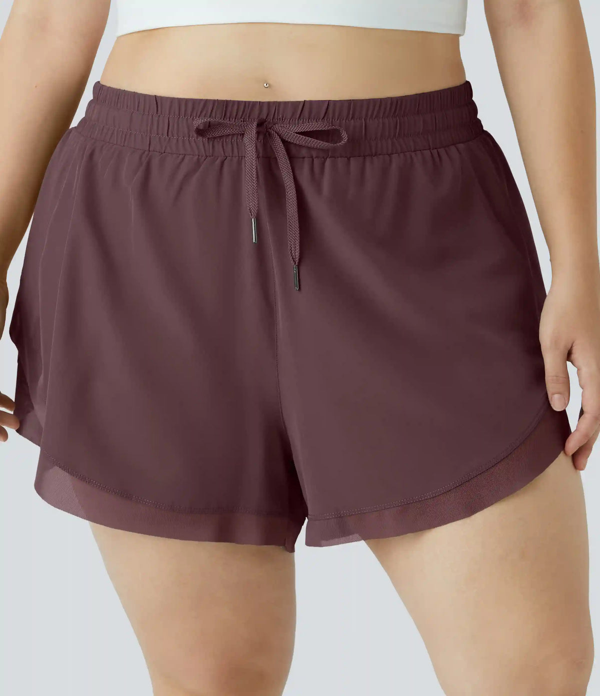 Drawstring Contrast Mesh 2-in-1 Plus Size Shorts 4"