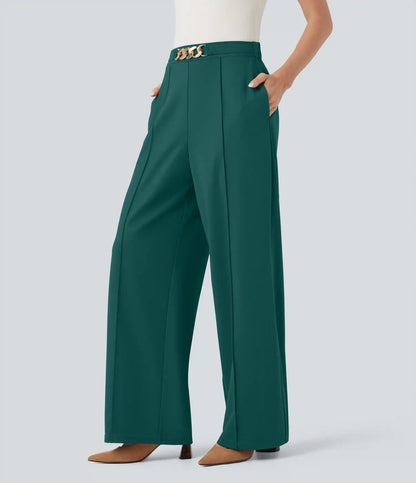 High Waisted Metal Chain Straight Leg Work Pants with Pockets