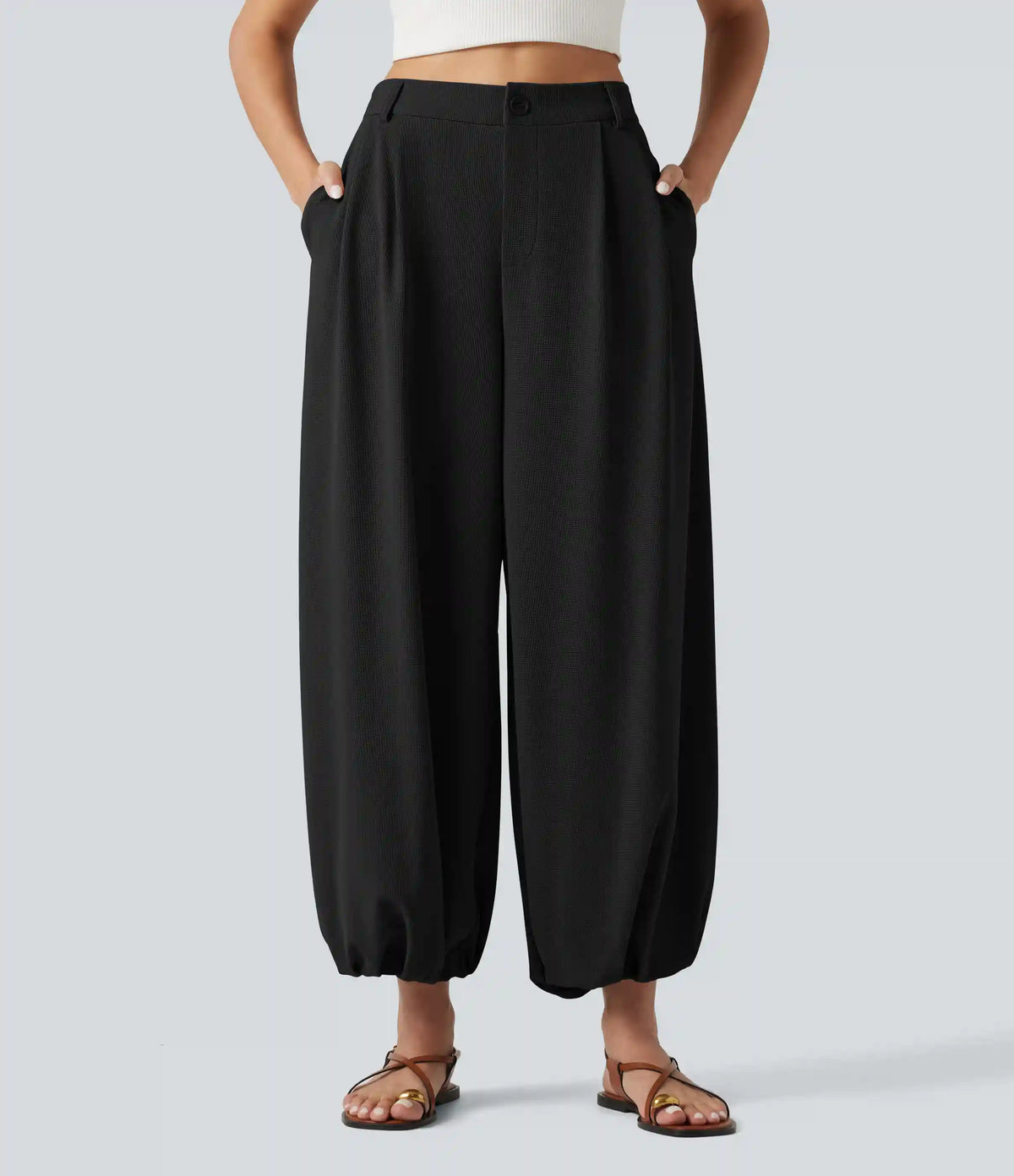 High Waisted Waffle Casual Balloon Joggers with Pockets