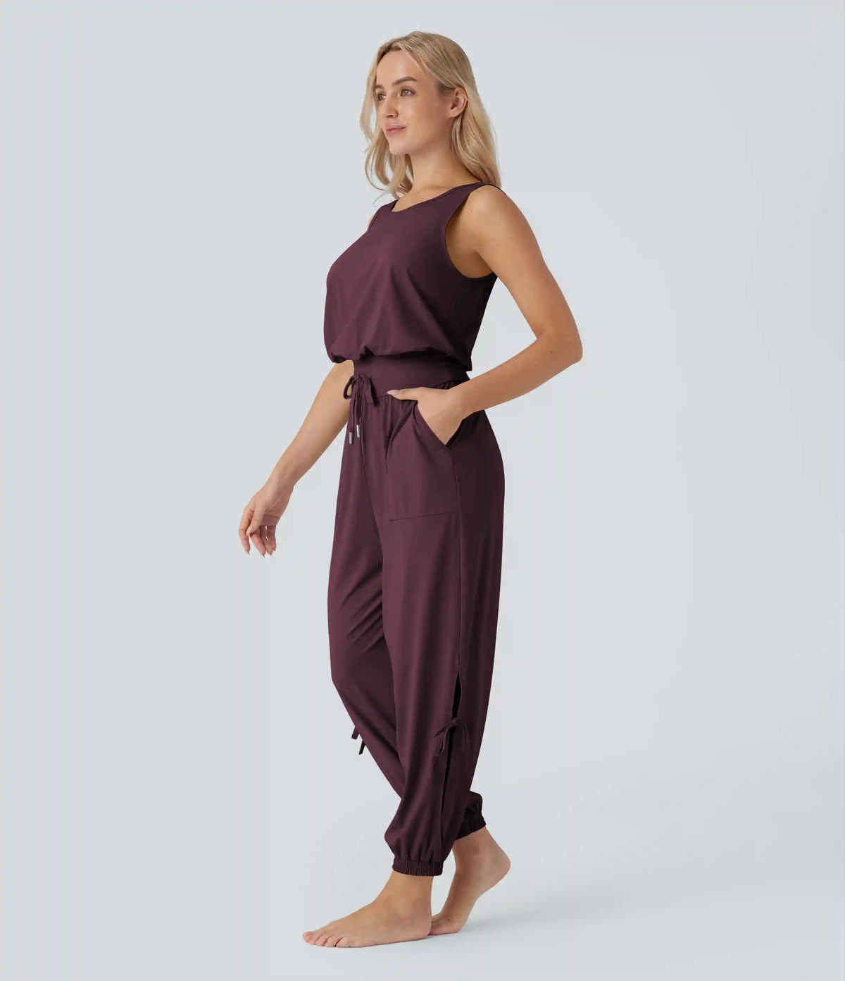 Sleeveless Cut Out Drawstring Pocket InstantCool Yoga Jumpsuit-UPF50+