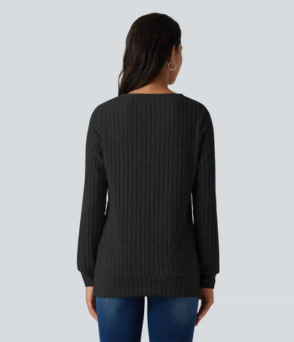 Ribbed Knit V Neck Long Sleeve Casual T-Shirt