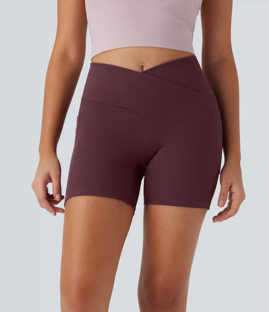 High Waisted Crossover Pocket Waffle Yoga Biker Shorts 5''