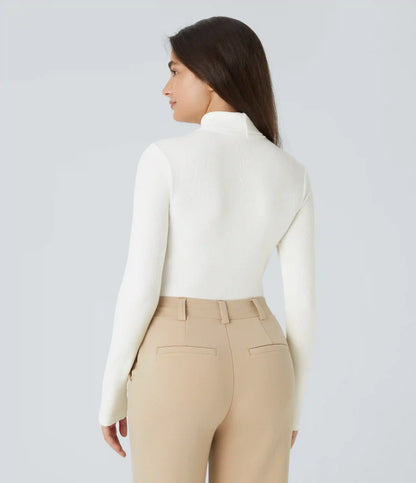 Ribbed Knit High Neck Long Sleeve Work Bodysuit