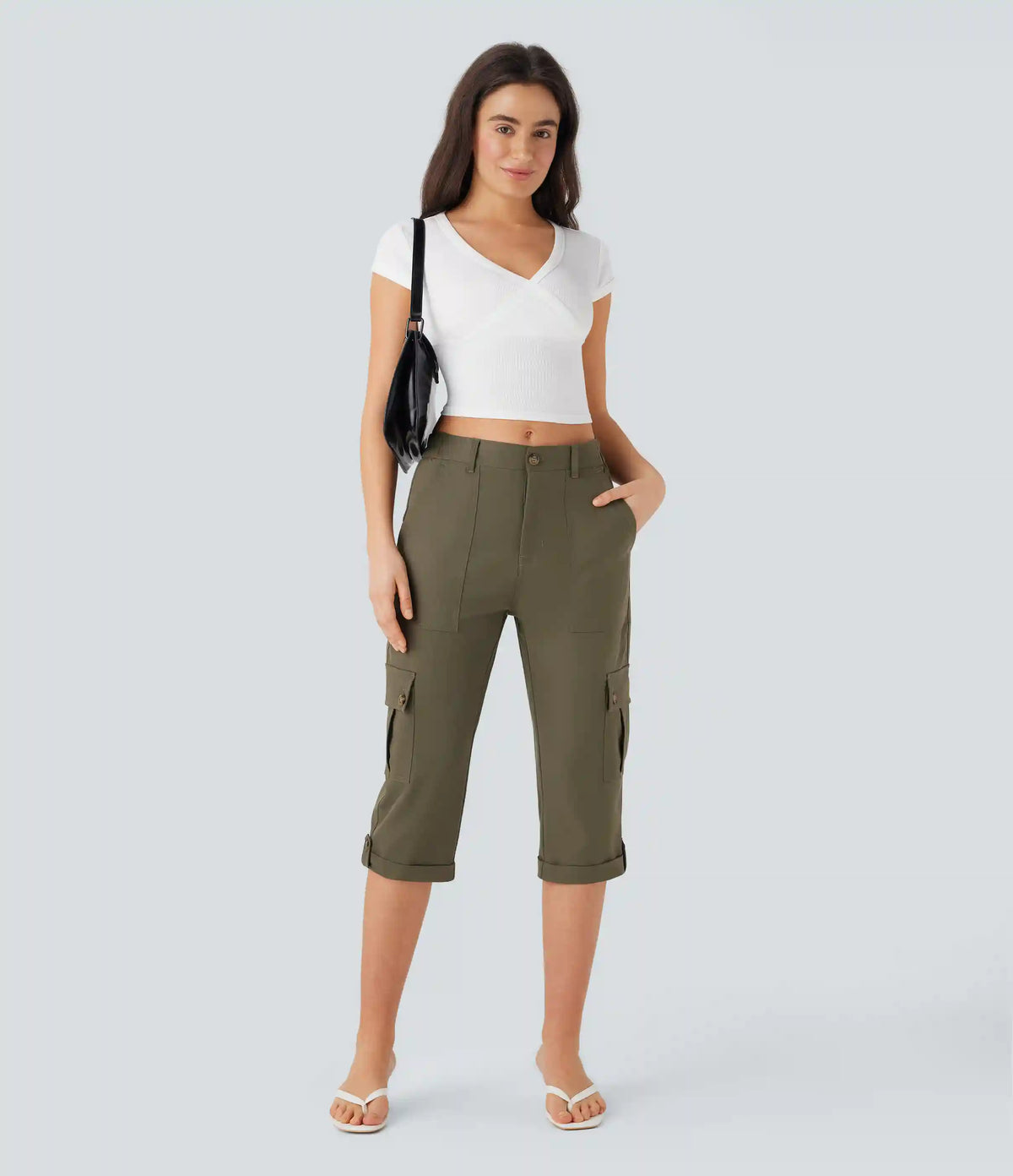 Mid Rise Rolled Hem Casual Cargo Pants with Flap Pockets