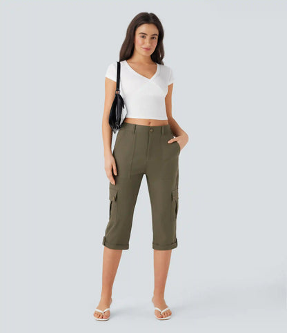 Mid Rise Rolled Hem Casual Cargo Pants with Flap Pockets