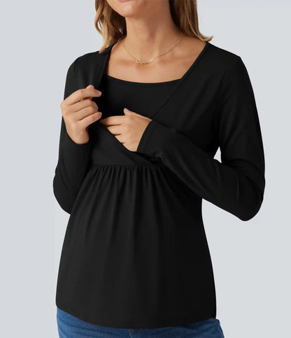 Boat Neck Long Sleeve Crossover Casual Maternity Top