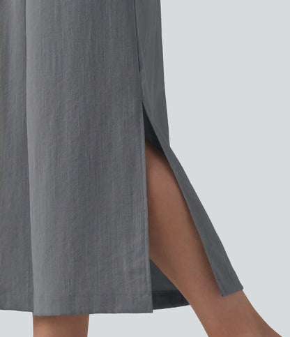 High Waisted Split Linen-Feel Casual Cropped Baggy Pants with Pockets