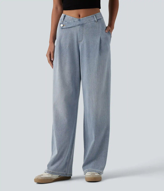 Halara Flex™ Asymmetric Mid Rise Straight Leg Casual Jeans with Pockets