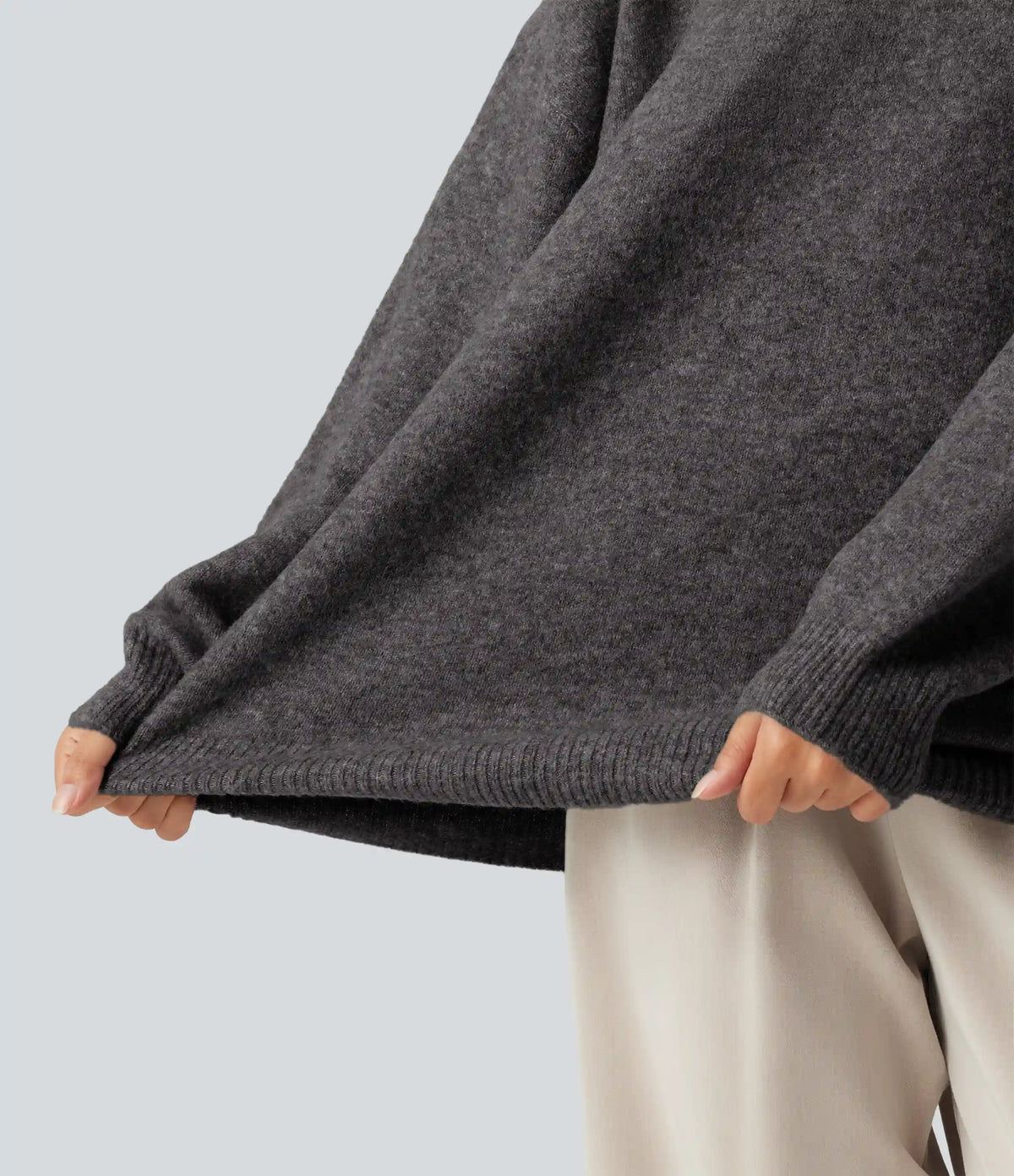 Round Neck Dropped Long Sleeve Work Wool-Blend Sweater