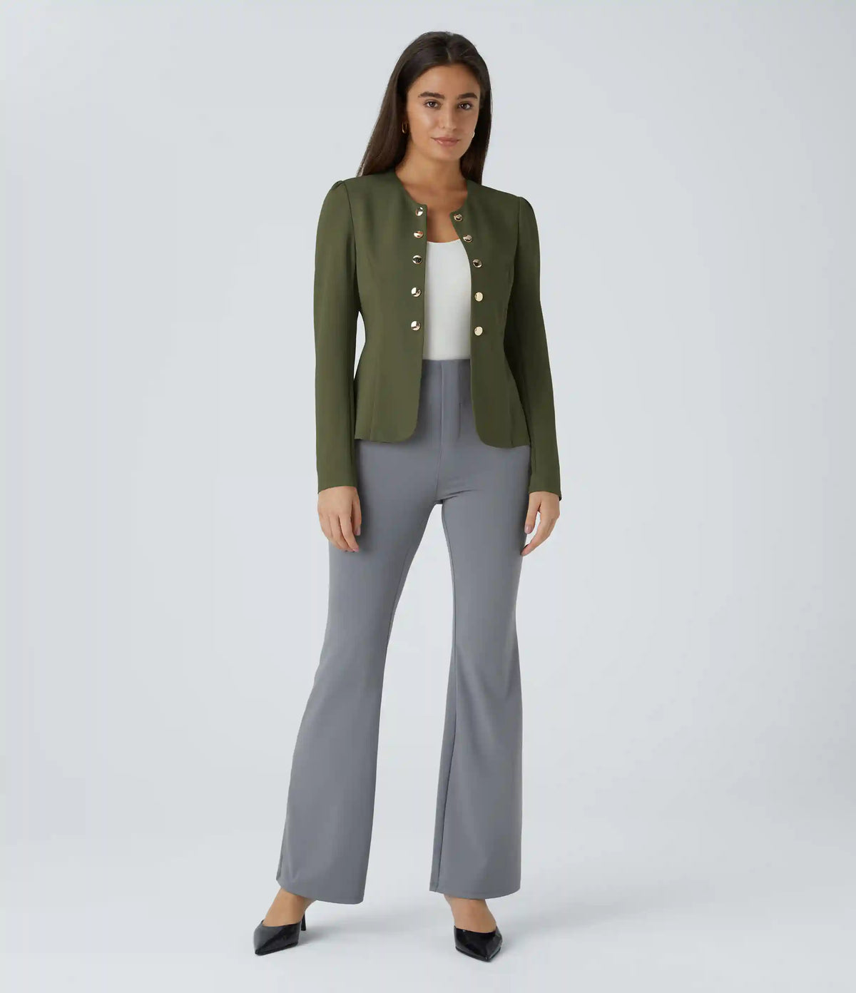 Round Neck Long Sleeve Decorative Button Slim Work Blazer