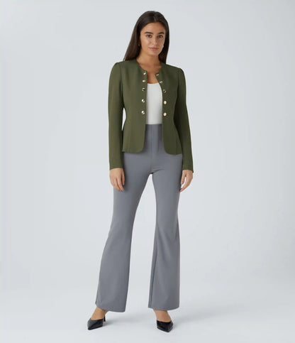 Round Neck Long Sleeve Decorative Button Slim Work Blazer