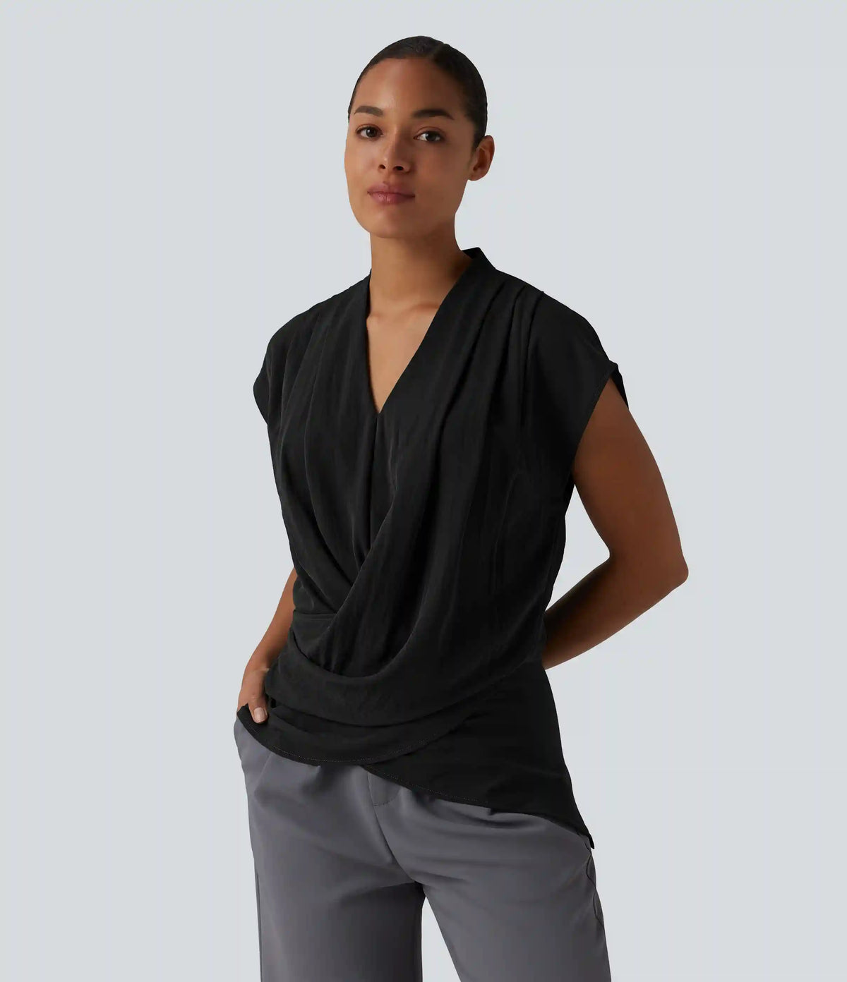 V Neck Wrapped Sleeveless Linen-Feel Work Blouse
