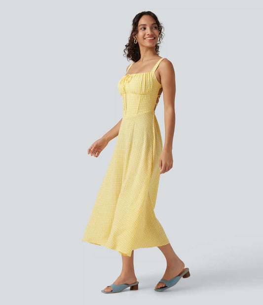 Square Neck Crisscross Backless Built-in Bra Corset Plaid Flowy Midi Linen-Feel Resort Milkmaid Dress