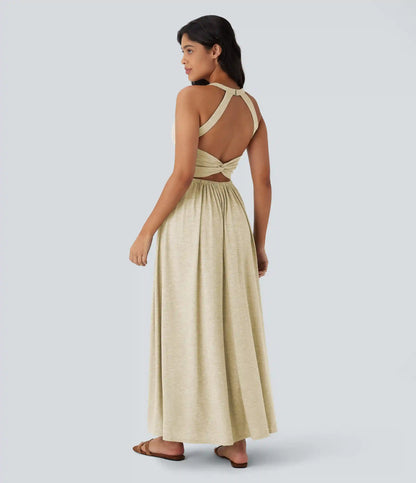 Twisted Backless Split Flowy Maxi Resort Dress with Pockets
