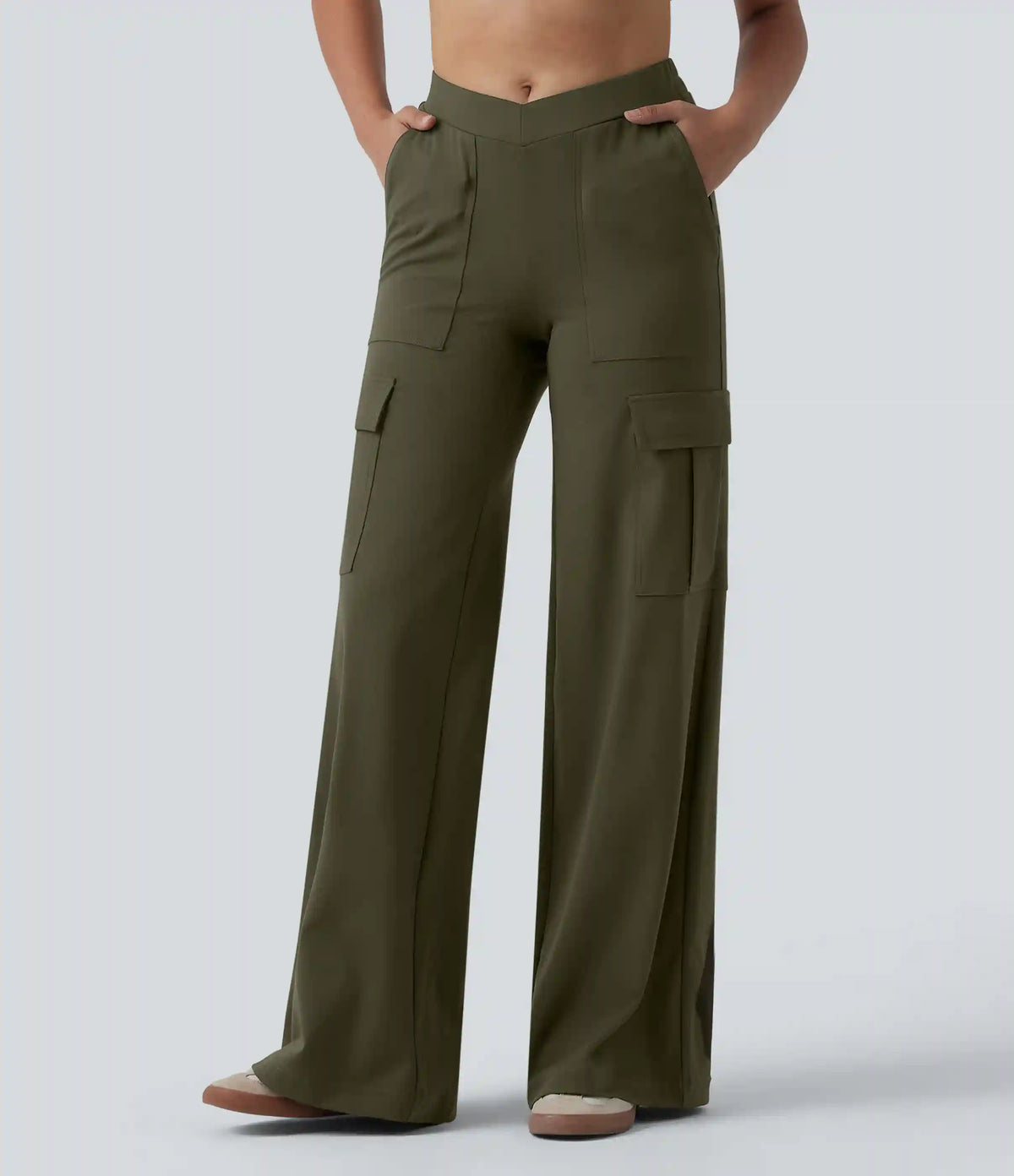 DayStretch V-Shaped High Waisted Wide Leg Casual Cargo Pants with Pockets