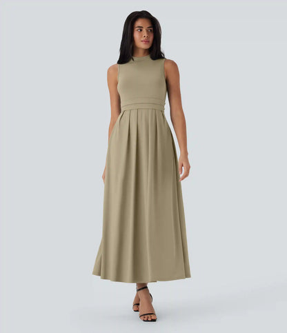 Stand Collar Sleeveless Flare Maxi Casual Dress with Pockets