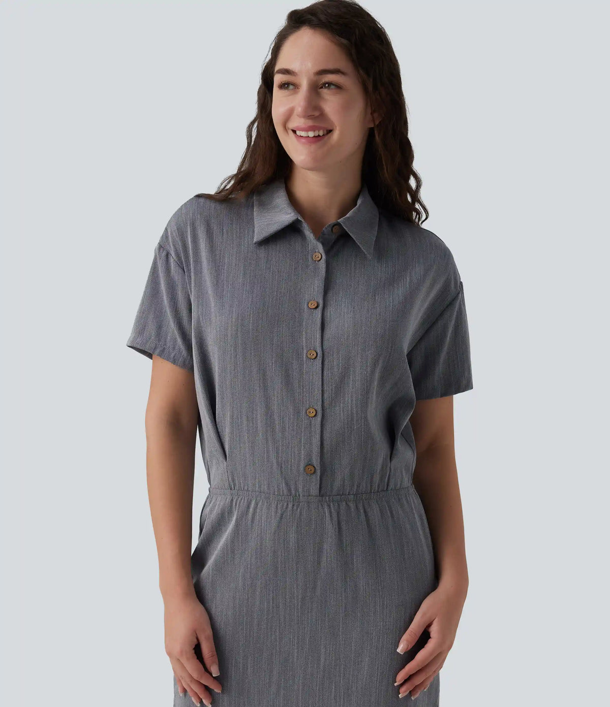 Short Sleeve 2-Piece Midi Work Linen-Feel Shirt Dress