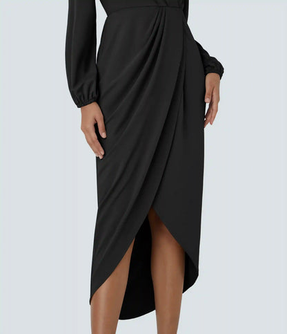 V Neck Long Sleeve Tulip Hem Midi Dress