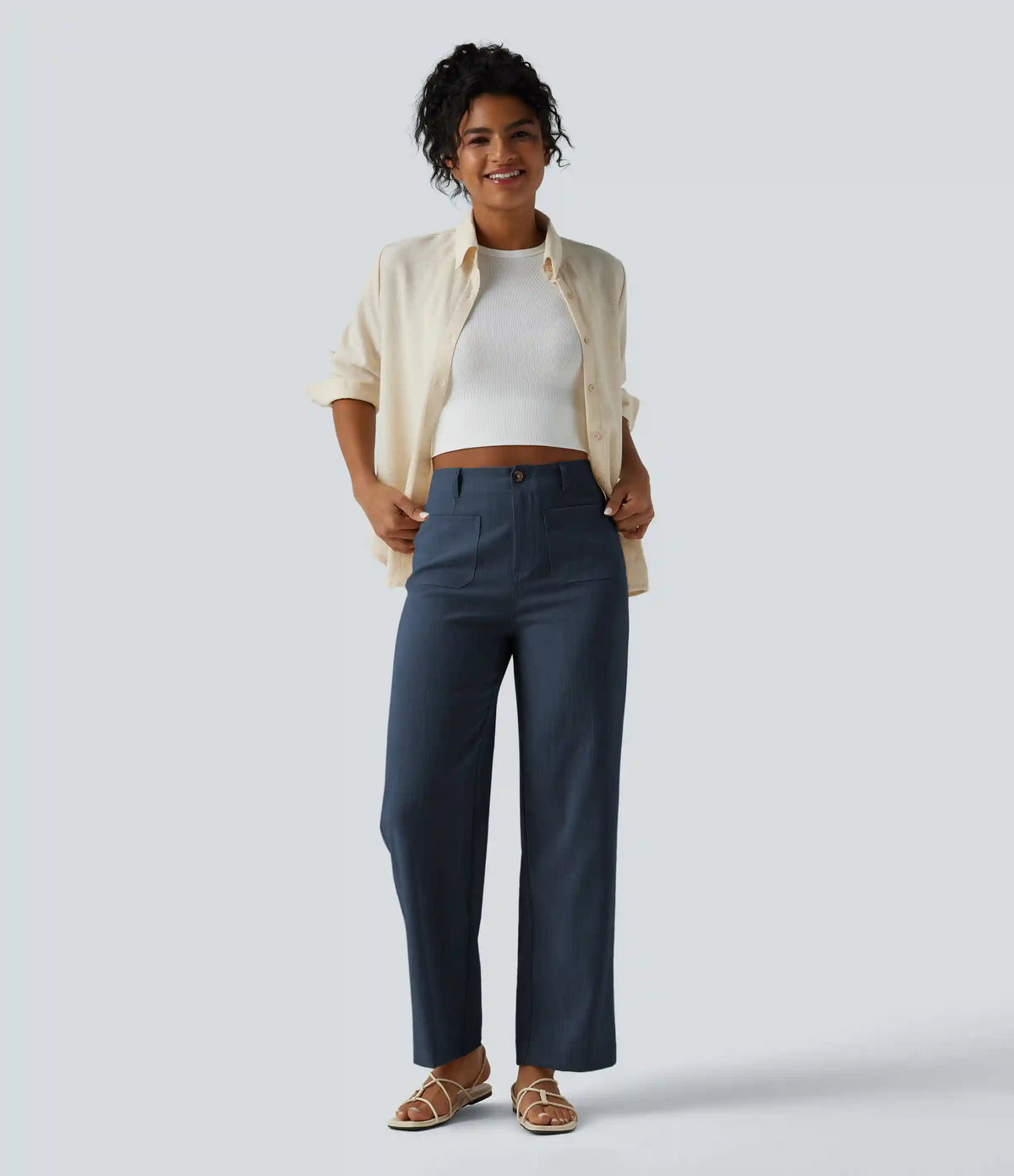 High Waisted Straight Leg Casual Linen-Feel Pants with Pockets