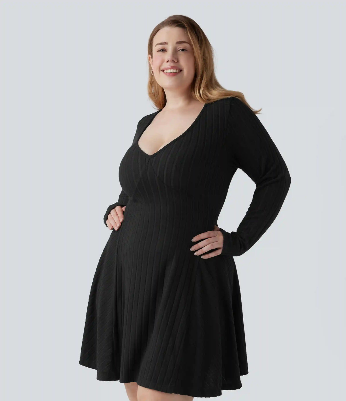 Plus Size Ribbed Knit V Neck Long Sleeve Flare Mini Casual Dress with Pockets