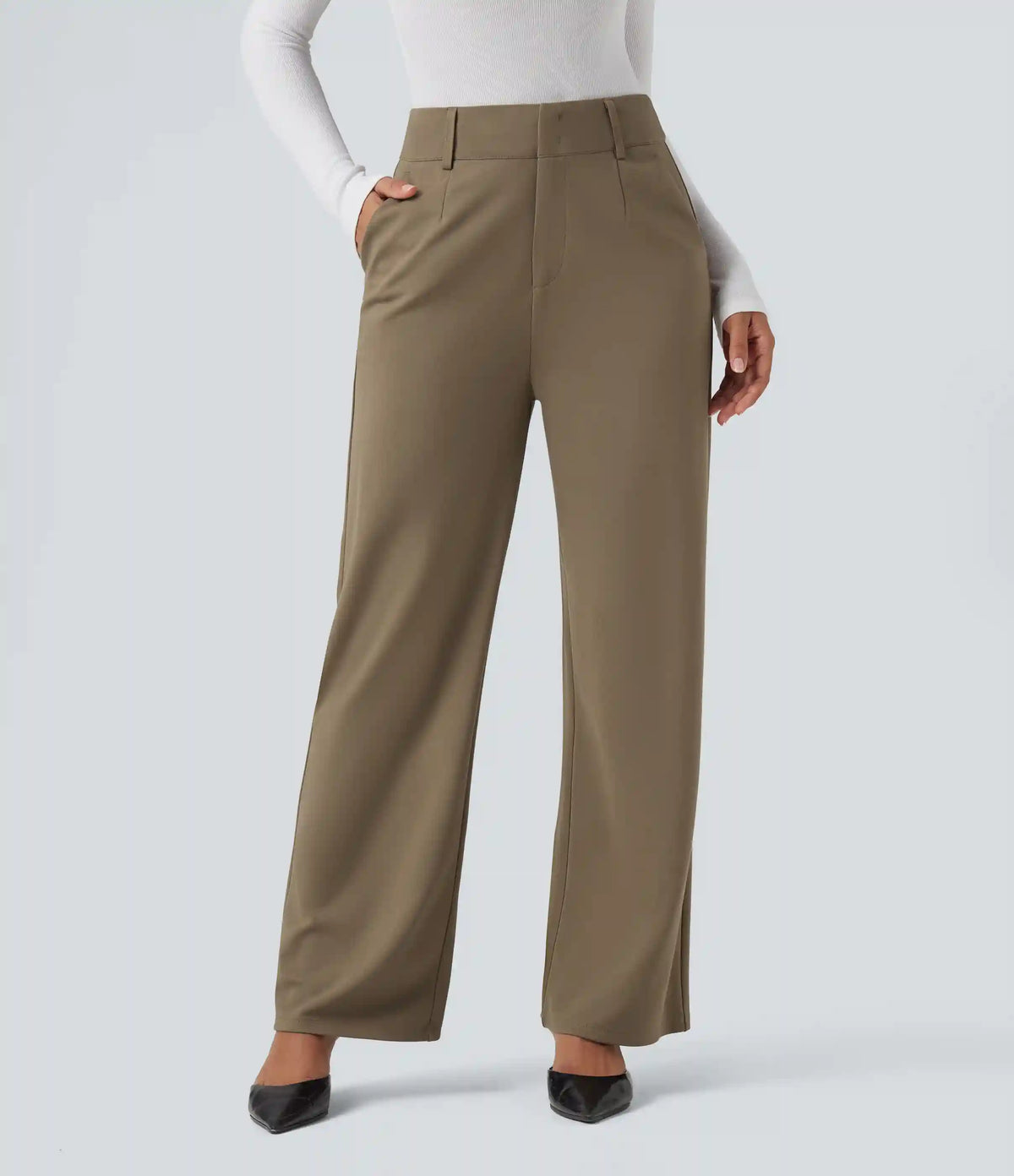 High Waisted Straight Leg Work Pants with Pockets