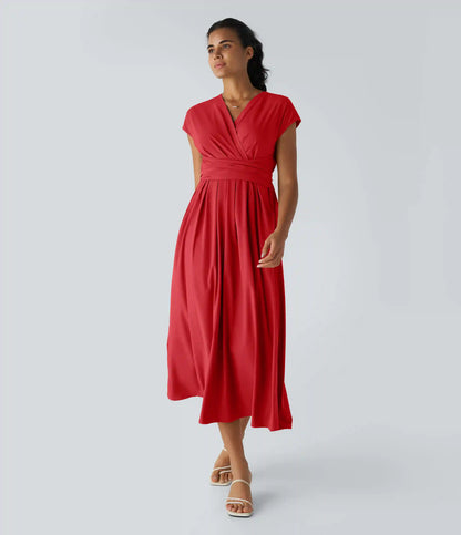 Breezeful™ V Neck Short Sleeve Pocket Tie Back Quick Dry Midi Casual Dress-Longer Length